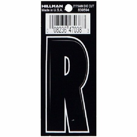 HILLMAN Letter, Character: R, 3 in H Character, Black/White Character, Black Background, Vinyl 839594